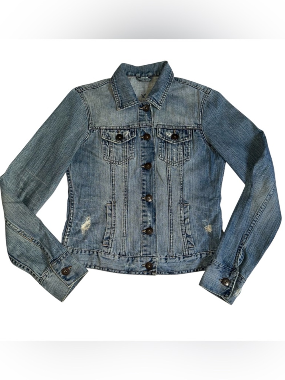 y2k American Eagle Distressed Fitted Denim Jean Jacket Womens Small vintage